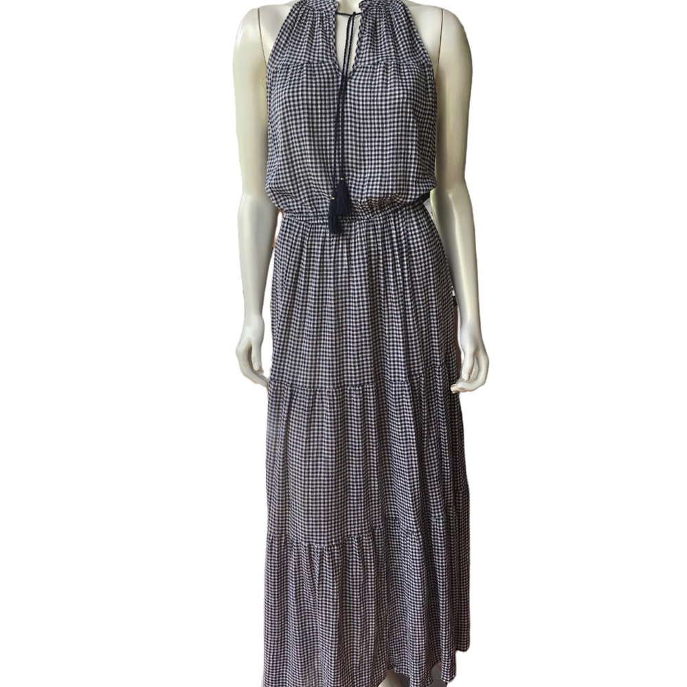 Lauren Conrad gingham halter dress, tassel tie, dark blue and white